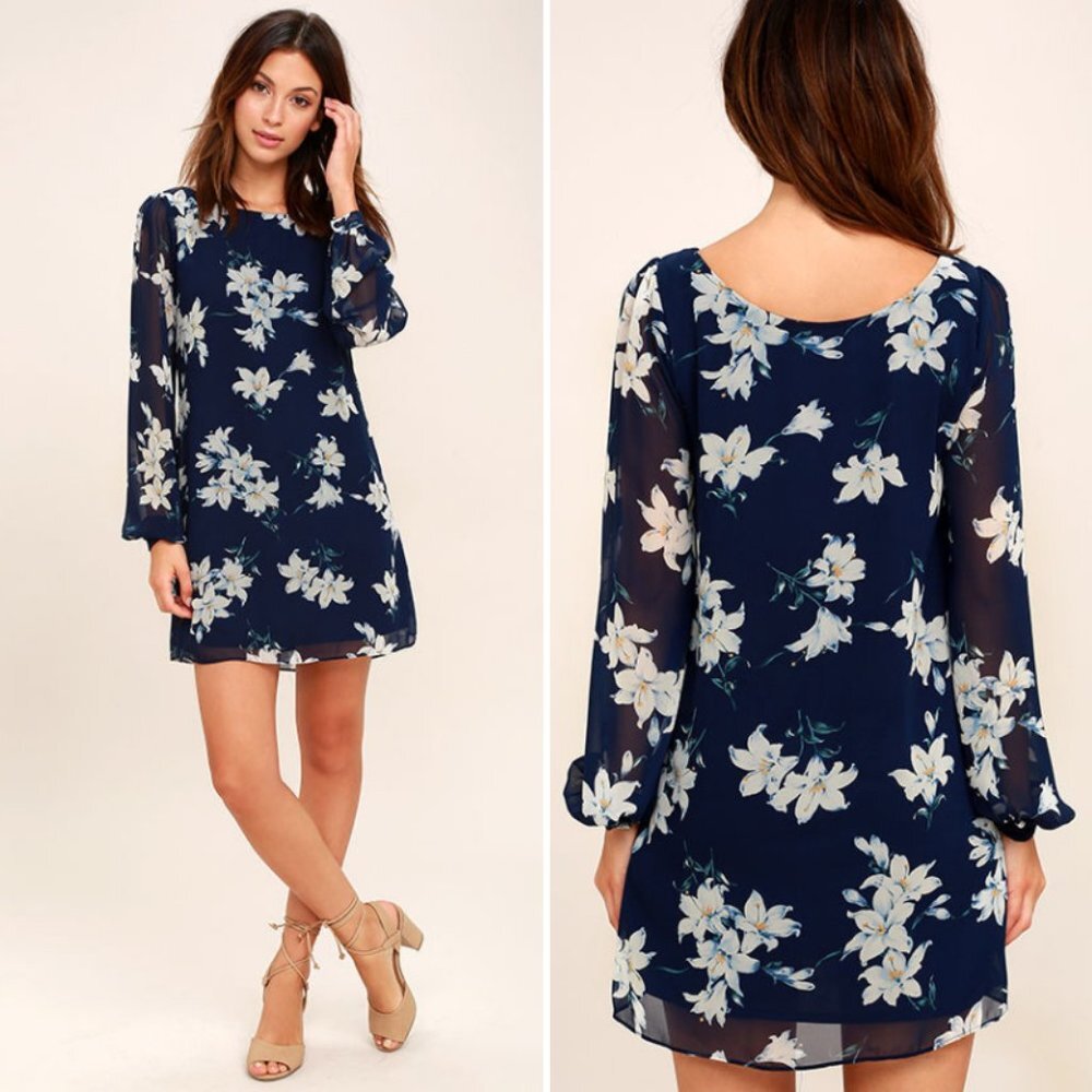 Lulus This Time Around Navy Floral Chiffon Dress‎